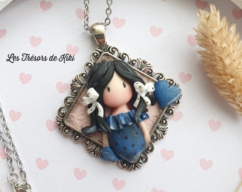 Doll pendant, doll long necklace on a silver cameo Doll in fimo / polymer clay. Polymer doll cameo. Doll pendant