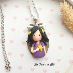 Doll pendant, doll long necklace on a silver cameo Doll in fimo / polymer clay. Polymer doll cameo. Doll pendant