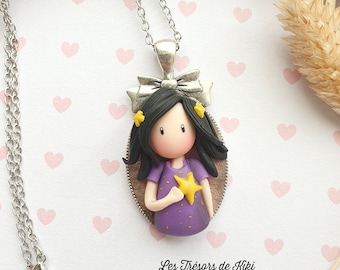 Doll pendant, doll long necklace on a silver cameo Doll in fimo / polymer clay. Polymer doll cameo. Doll pendant