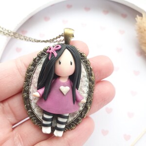 Doll pendant, doll long necklace on a bronze cameo Doll in fimo / polymer clay. Polymer doll cameo. Doll pendant image 2