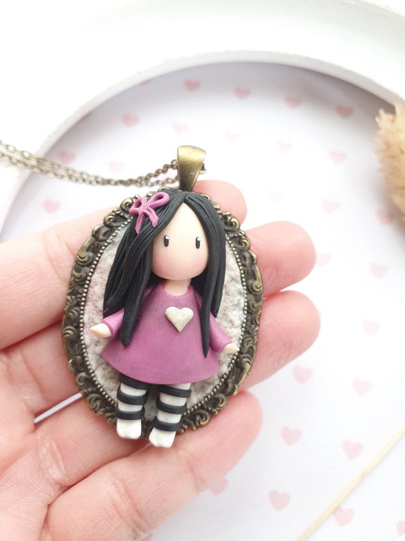 Doll pendant, doll long necklace on a bronze cameo Doll in fimo / polymer clay. Polymer doll cameo. Doll pendant image 2