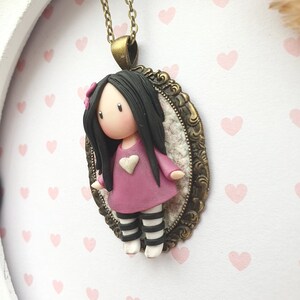 Doll pendant, doll long necklace on a bronze cameo Doll in fimo / polymer clay. Polymer doll cameo. Doll pendant image 4