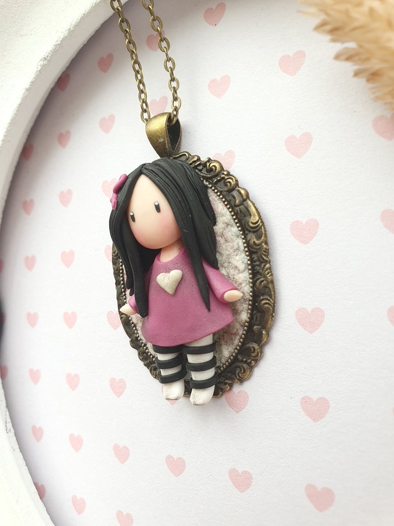 Doll pendant, doll long necklace on a bronze cameo Doll in fimo / polymer clay. Polymer doll cameo. Doll pendant image 4