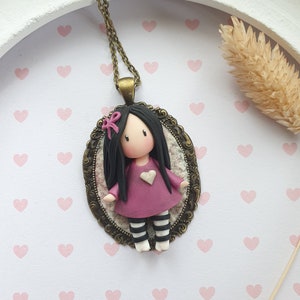 Doll pendant, doll long necklace on a bronze cameo Doll in fimo / polymer clay. Polymer doll cameo. Doll pendant image 7