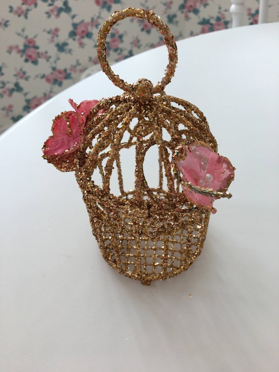 Bird Cage Ornament Birdcage Glitter Beads Sequins Copper & Gold NWT 