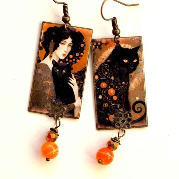 Boucles d'oreilles, pendantes, inspiration Gustave Klimt la dame au chat noir