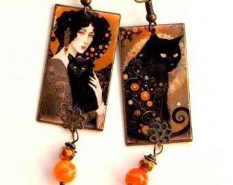 Boucles d'oreilles, pendantes, inspiration Gustave Klimt la dame au chat noir