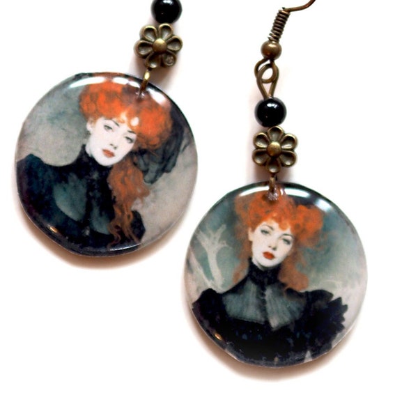 Earrings The Red Lady portrait woman 1900 black and red illustrated RECTO VERSO