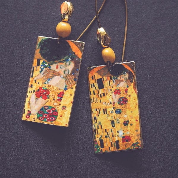 Boucles d'oreilles, pendantes, "Le Baiser" Gustave Klimt, Jaspe Mokaïte