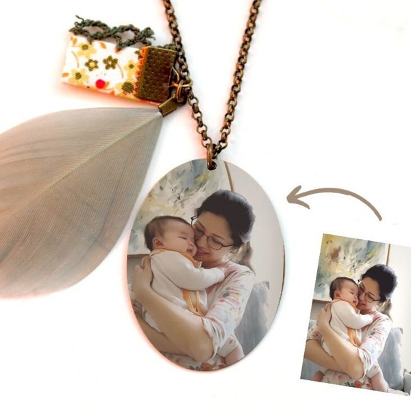 Collier photo personnalisé avec votre photographie ou image texte plume et breloque bronze cadeau pour elle ou pour Noël