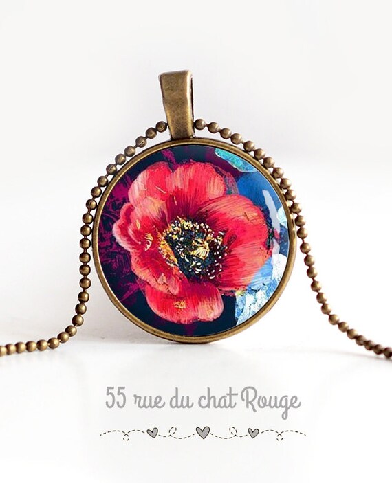 Necklace pendant cabochons 25 mm Cabochon large red flower | Etsy