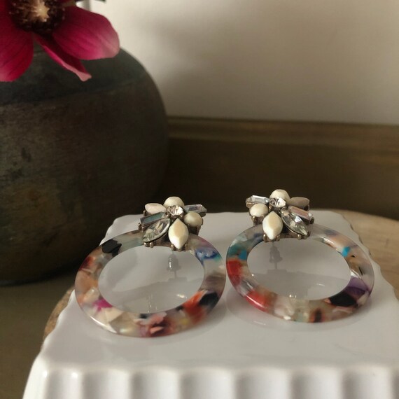 Vintage Rhinestone and Multicolored Resin Hoops, … - image 5