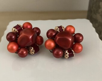 Vintage Red Earrings, Red Cluster Earrings, Clip-on, Japan, Red Beaded with Gold