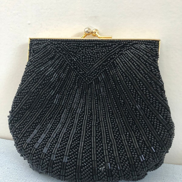 Vintage Beaded Purse, Black Evening Bag, Oyster Shell Purse, Carla Marchi, 1980's Fashion