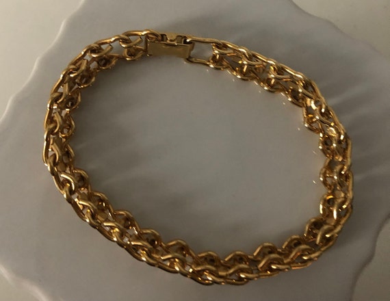 Gold Tone Tennis Bracelet, Clear Rhinestones, Fol… - image 2