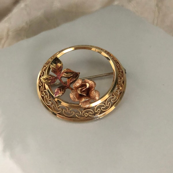 Krementz Gold Leaves Wreath, Rose Gold Flowers, Designer Signed, 1960's, Circle PIn