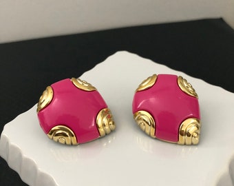 Vintage Earrings, Pink Puffy Earrings, 1980's Jewelry, Pink Gold Earrings