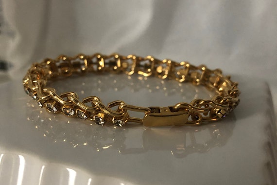 Gold Tone Tennis Bracelet, Clear Rhinestones, Fol… - image 3