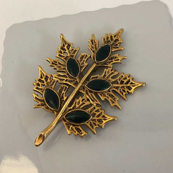 Vintage Leaf Pin, Filigree & Enamel Leaf Pin, Aut… - image 2