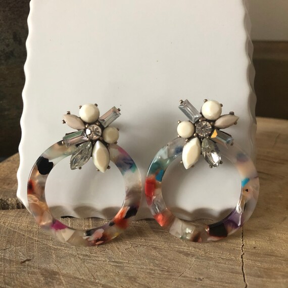 Vintage Rhinestone and Multicolored Resin Hoops, … - image 2