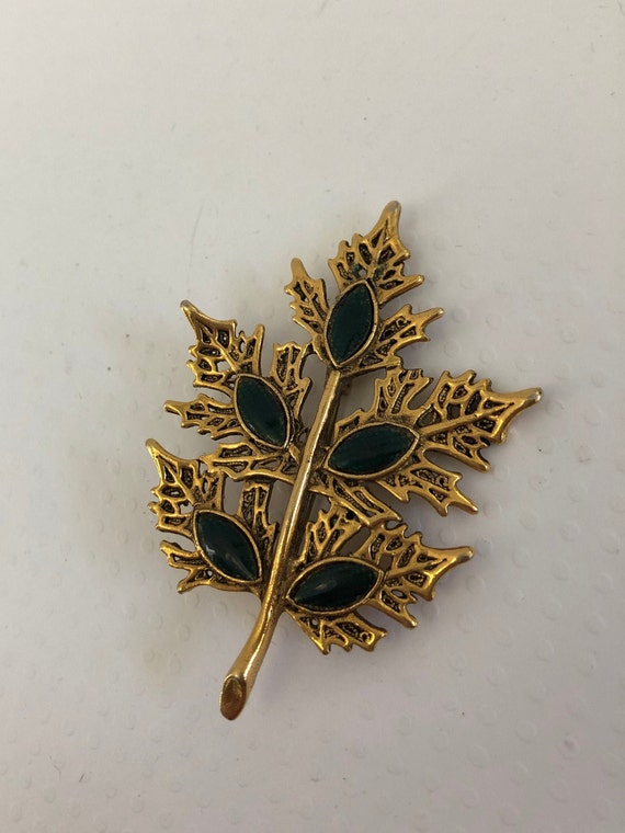 Vintage Leaf Pin, Filigree & Enamel Leaf Pin, Aut… - image 1