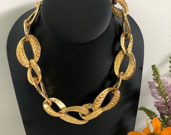 Anne Klein Vintage Necklace, 1980's, Chunky Choker, Gold Tone, Wide Collar, Lion Tag