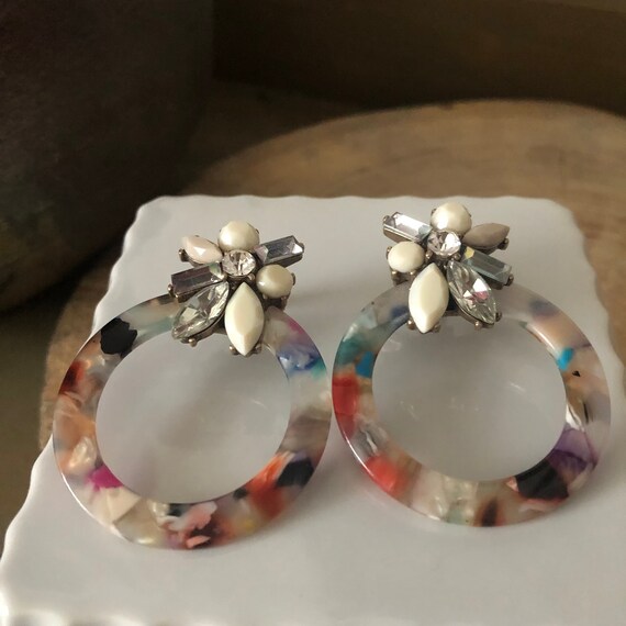 Vintage Rhinestone and Multicolored Resin Hoops, … - image 1