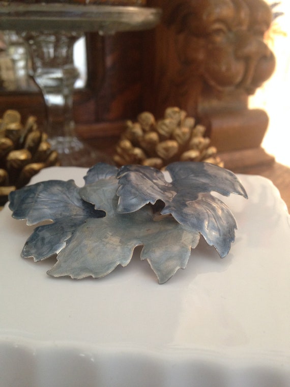 Vintage Leaf Pin, Autumn Brooch, Blue Enamel Leav… - image 1