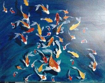 Art mural moyen de peinture à l’huile Fine Art Conseil par Debbie Blevins - rassemblement de Koi. Taille 18 "X 24", sur la toile par Bonnet Art Studio