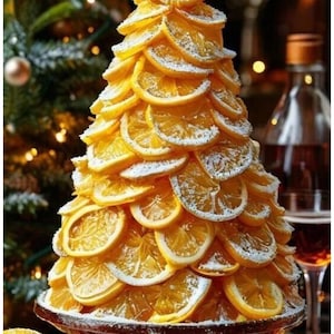 May include: A decorative Christmas tree made from orange slices, dusted with icing sugar, on a glass stand. The tree is a bright orange colour, with a crown on top. The background includes a Christmas tree and a bottle.