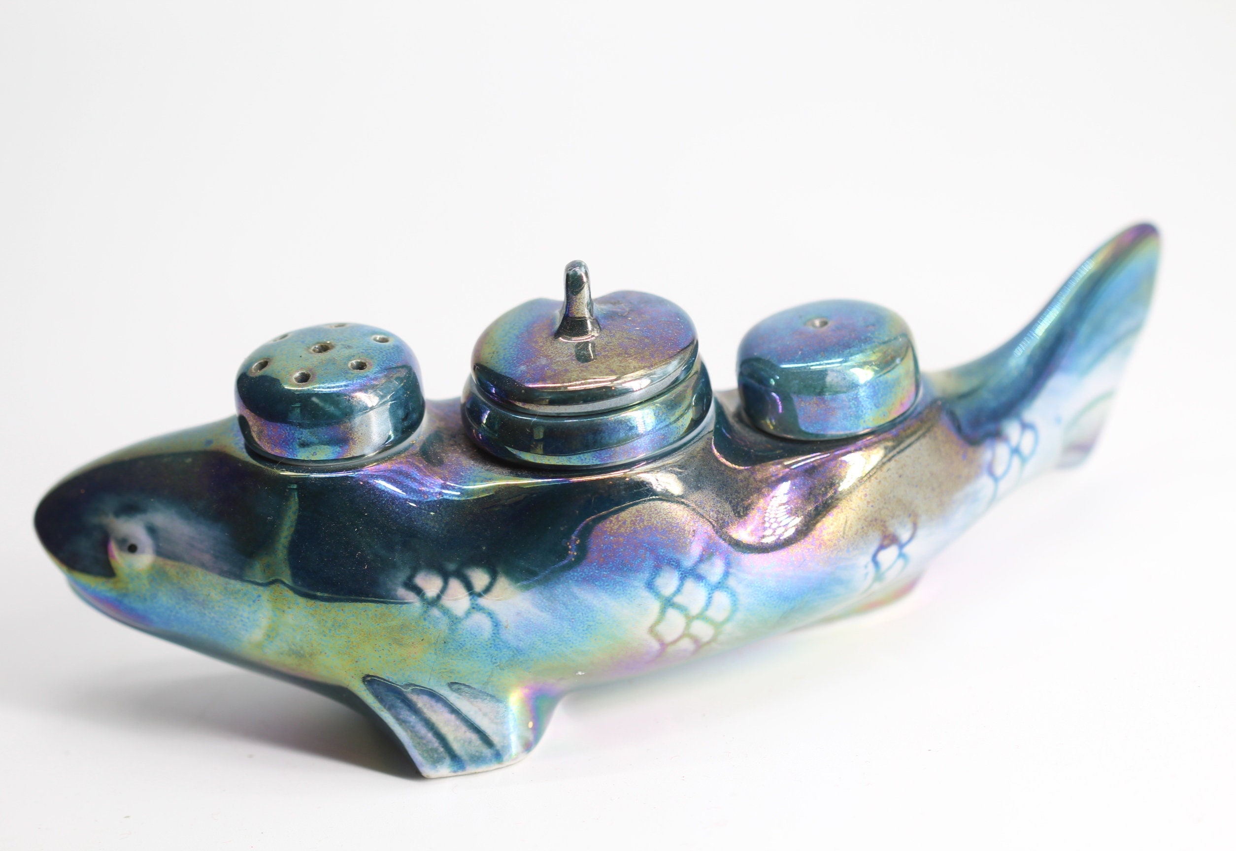 Rare Service à Condiments Poisson Céramique