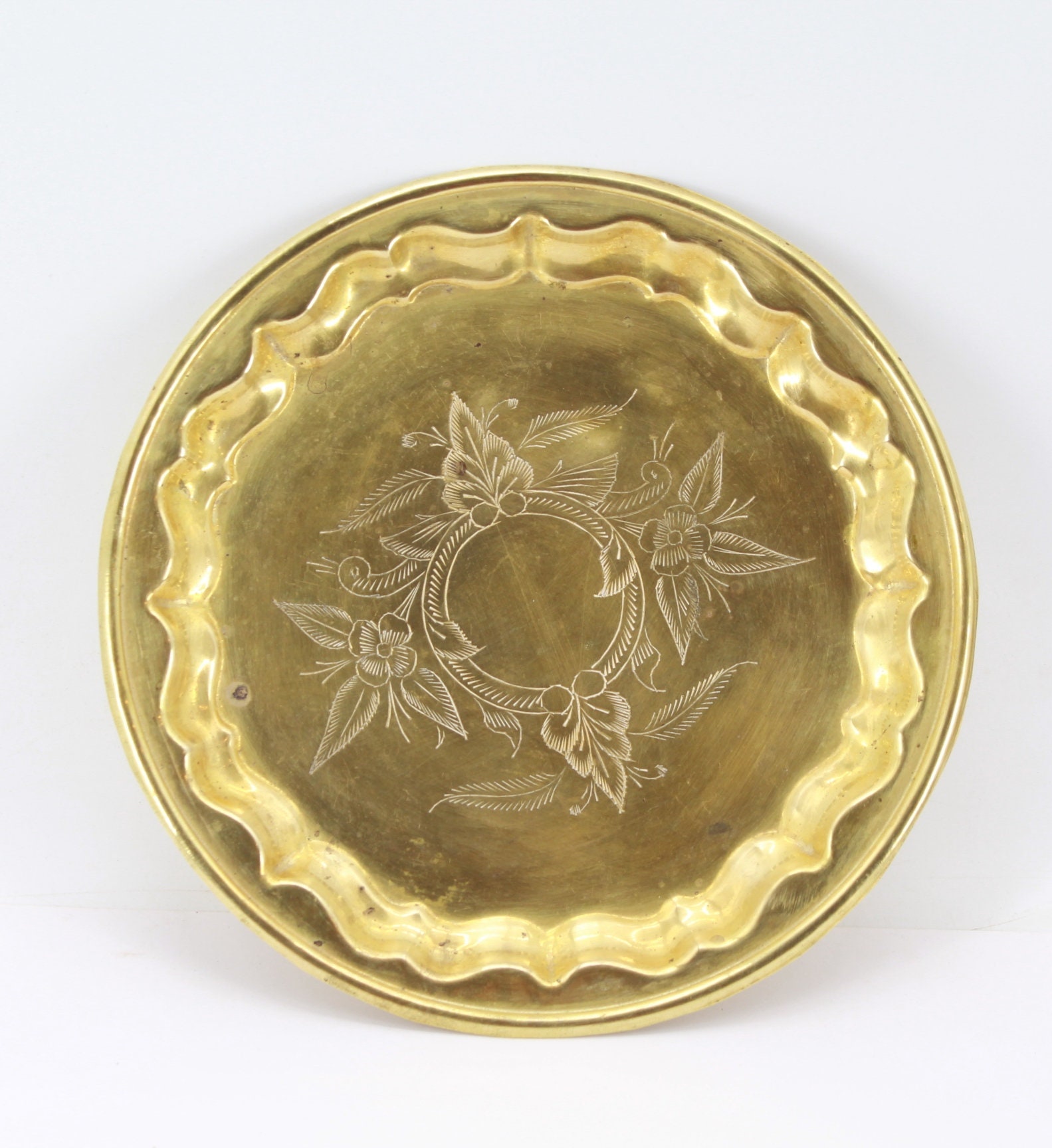 Ancien Plateau en Laiton Fleurs