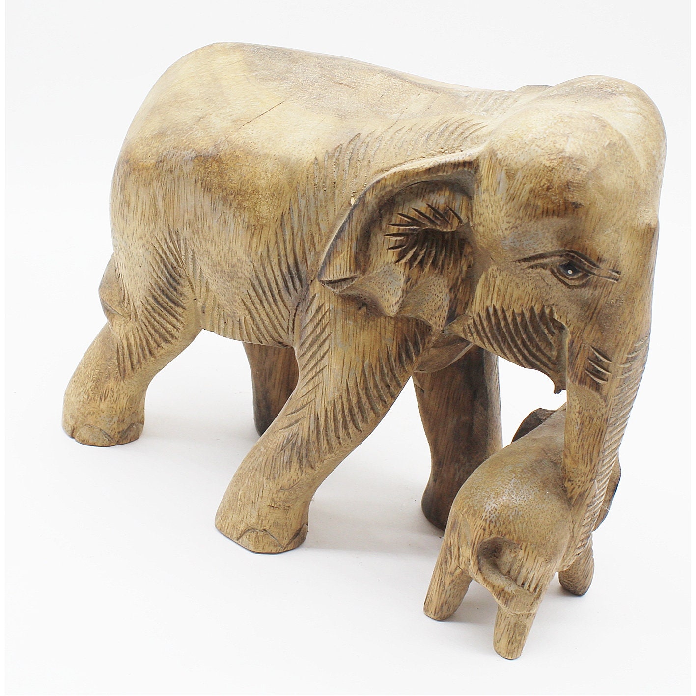 Grande Statue en Bois Éléphant avec Son Éléphanteau