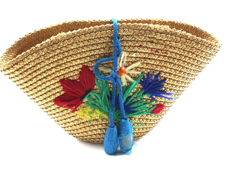 Rare antique small wicker basket embroidered