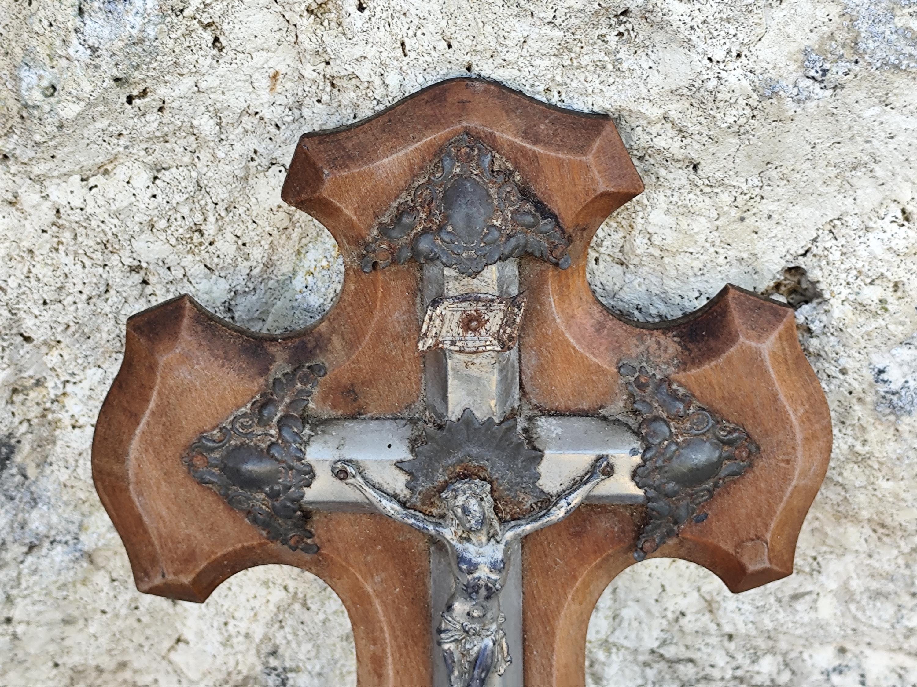 アンティーク宗教聖水盤十字架像フランスカトリック壁掛け木製イエス