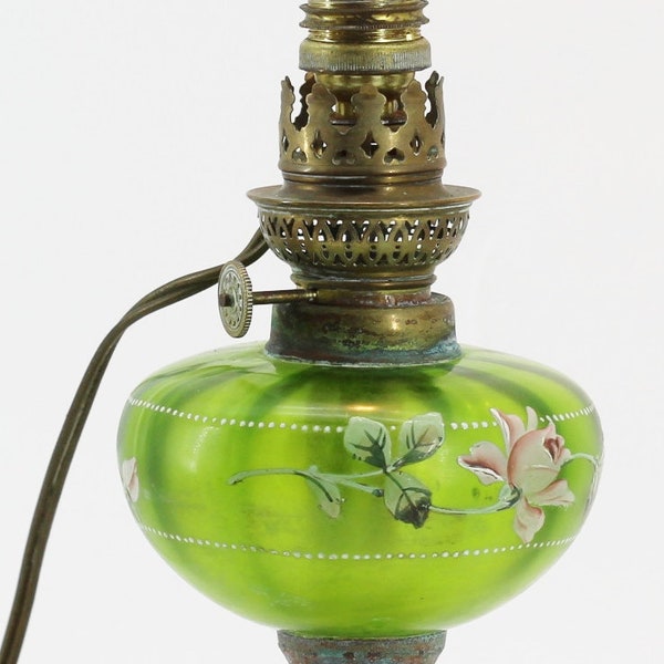 Rare ancien pied de lampe en verre peint électrifié