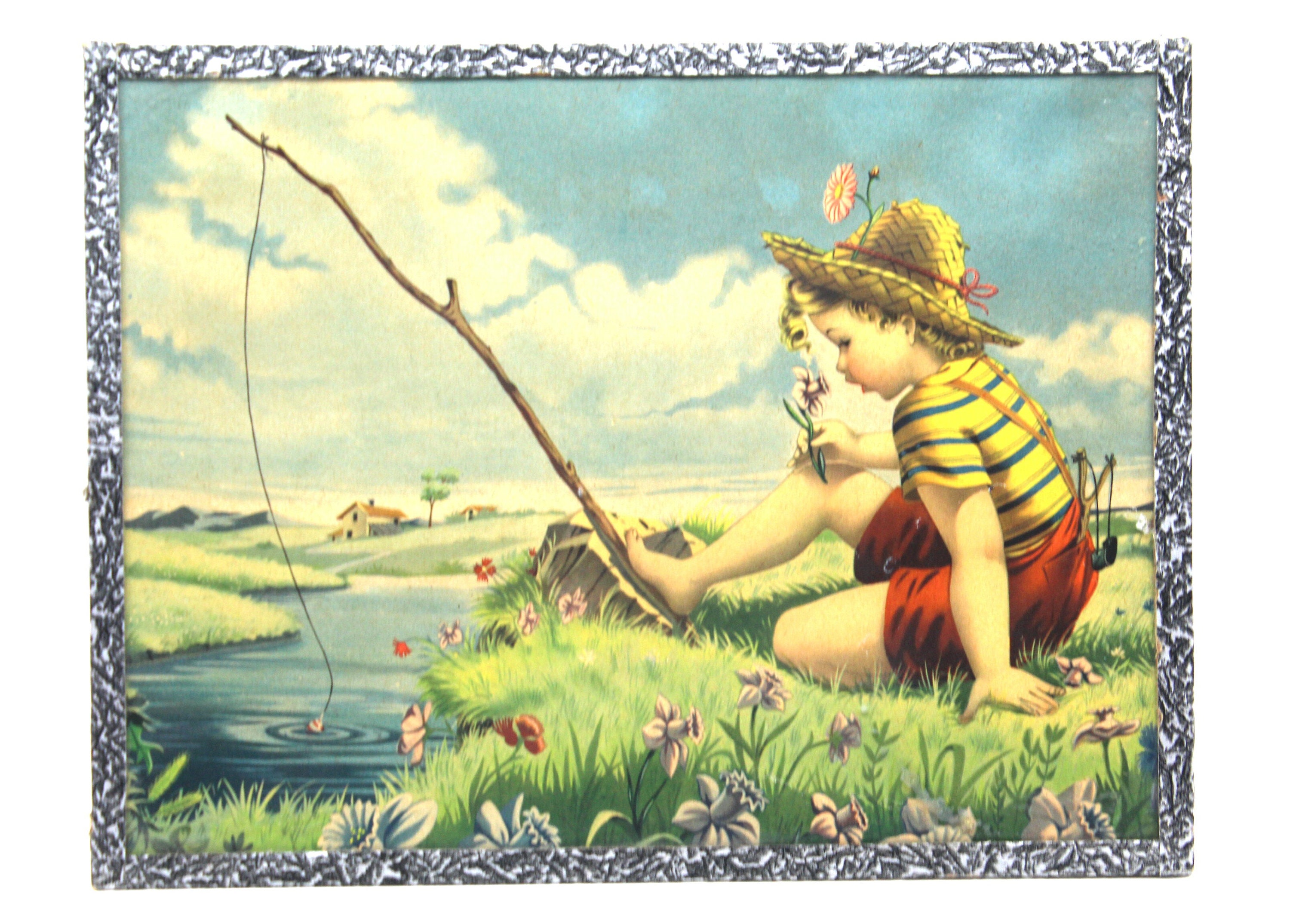 Ancien Cadre Affiche Enfant à La Pêche