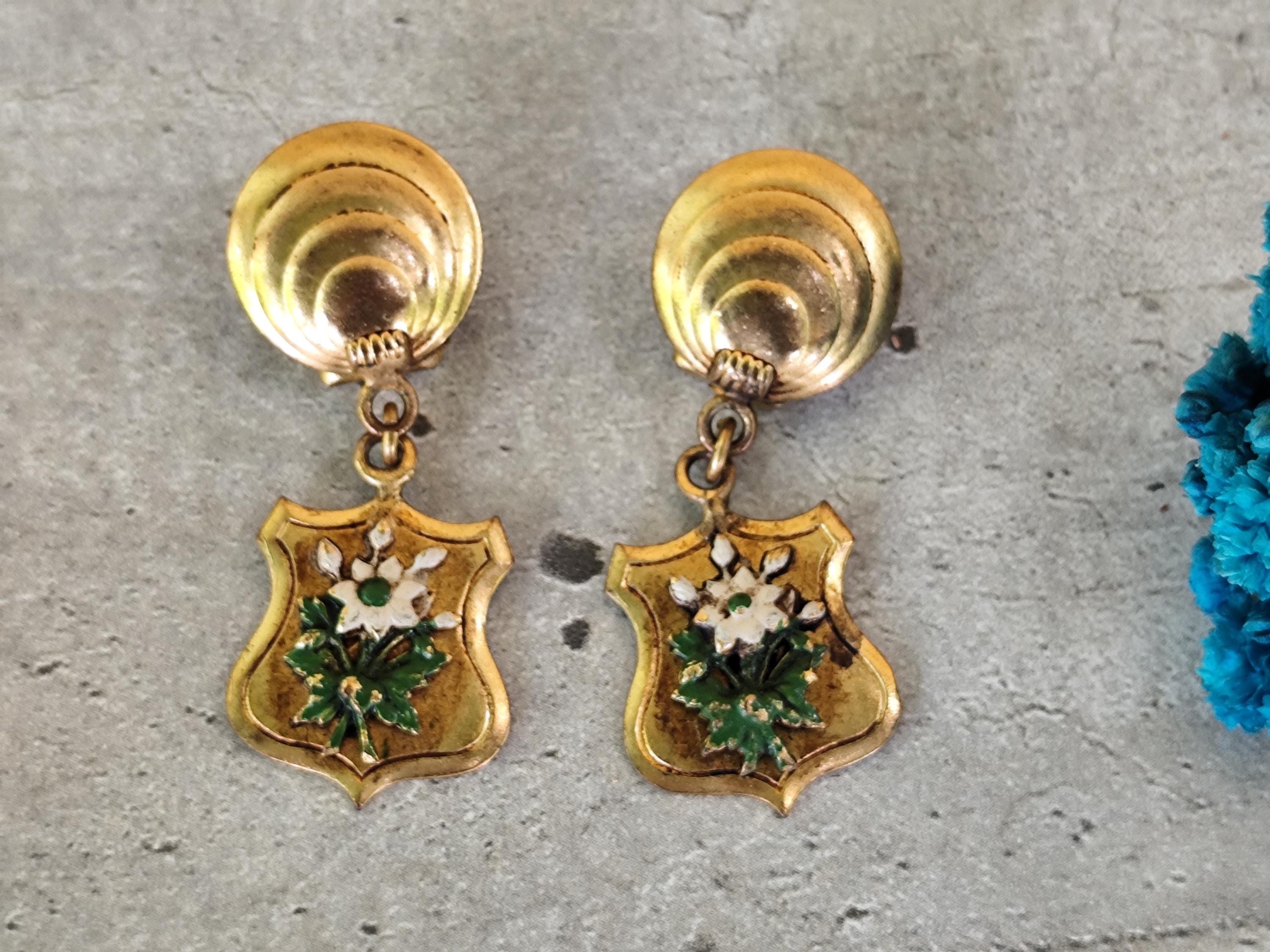 Boucles D'oreilles Anciennes En Or Jaune 14 Carats Avec Strass Vert - Style Pendantes Avec Dormeuses - Occasion