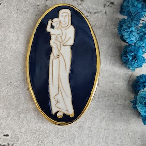 Antiquité religieuse Français broche en email  catholique de sainte Vierge Marie Notre-Dame et de l’Enfant Jésus.