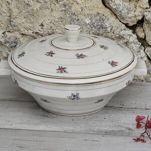 Vintage opaque porcelain tureen – “Minerva” pattern by Saint-Amand – Floral decoration and gold rim