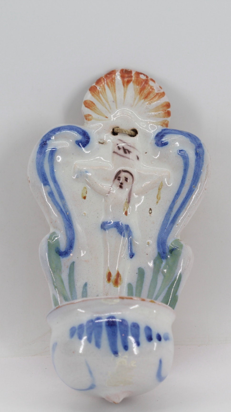 Ancien Bénitier Jésus Christ en Céramique