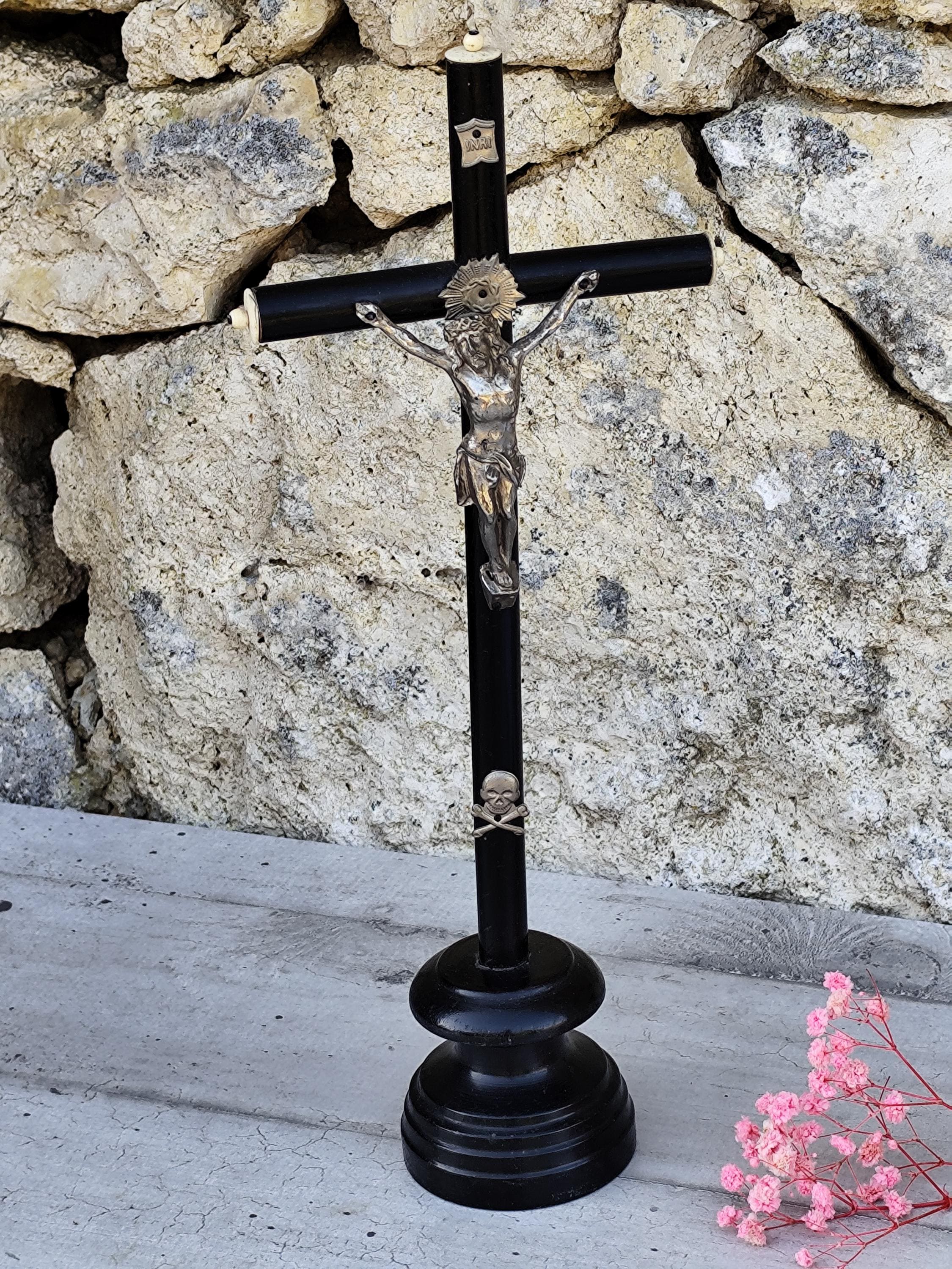 Antique French Religious Black Wooden Standing Cross Crucifix With