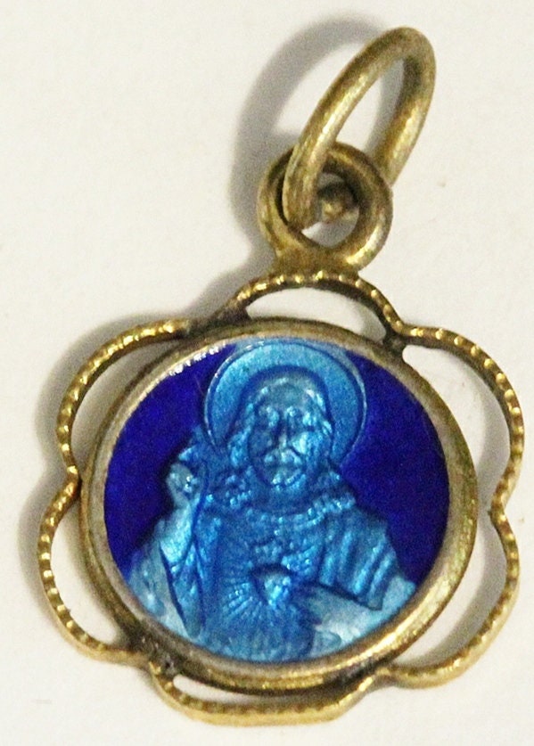 Petite Medaille Religieuse Jésus Christ en Email Bleu