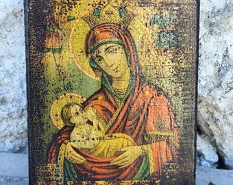 神の母アンティークロシア正教会手描きイコン、19 世紀。真鍮のオー