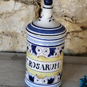 Antiguo tarro de farmacia de barro rosarum, tarro de boticario de barro rosarum