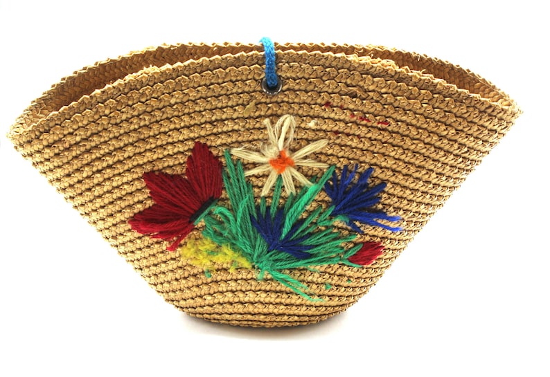 Rare antique small wicker basket embroidered