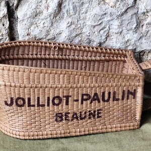 Rare old fine wickerwork wine bottle holder jolliot paulin beaune, rare vintage french wicker basket shabby chic wine bottle holder