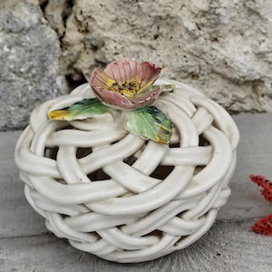 Woven ceramic candy box and basket with flower