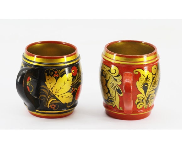 Lot de 2 Tasses en Bois Russe Khokhloma
