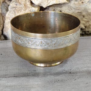 Antique chiseled brass bowl, Vintage decorative bowl with silver frieze, Small retro folk art cachepot or trinket dish